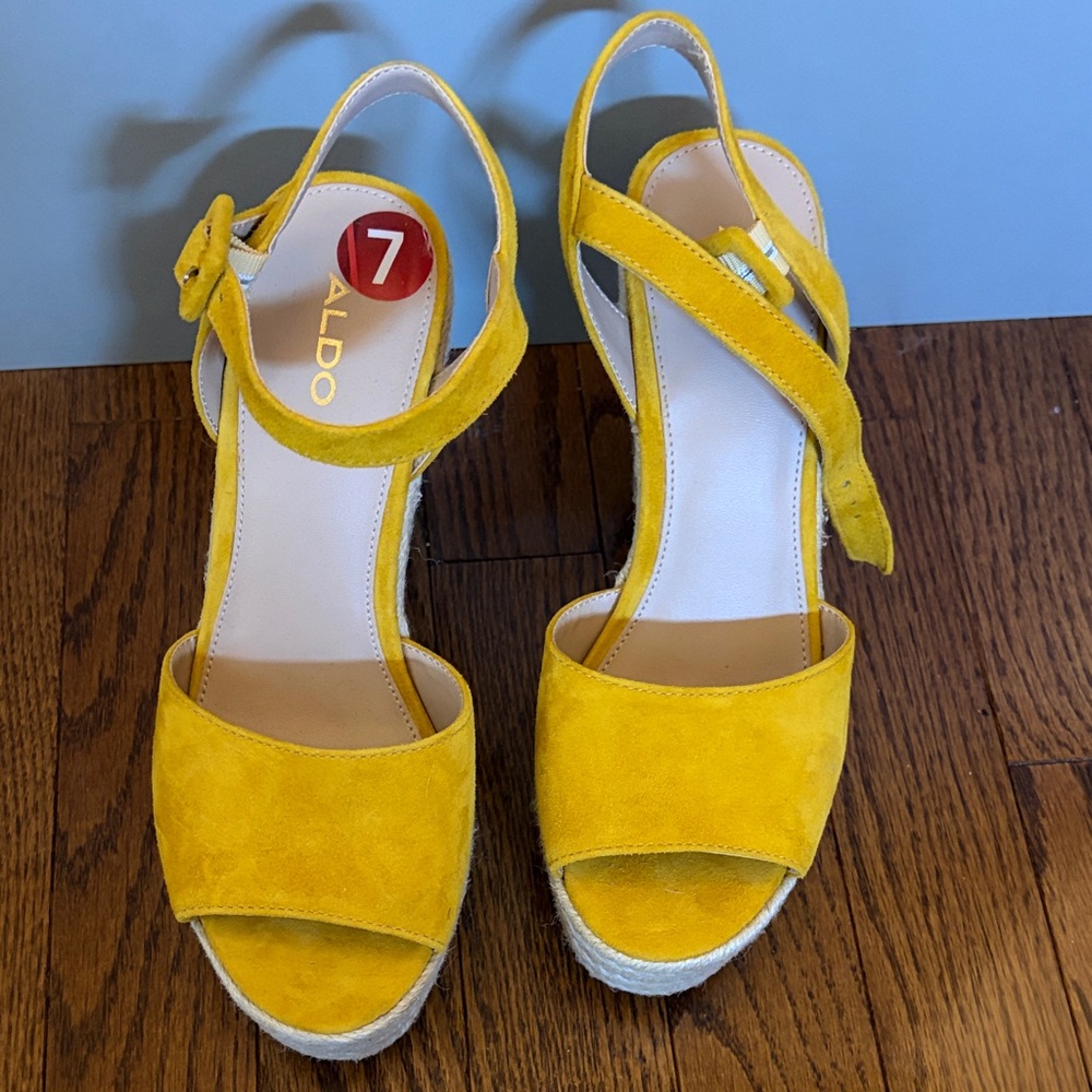 Aldo Yellow Suede Wedge Sandals
